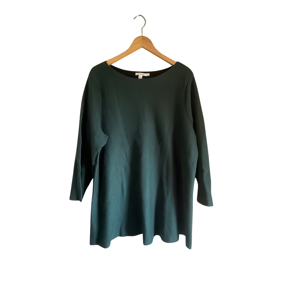 Chicos Travelers Tunic Top Green Boat Neck 3/4 Sleeve Knit Blouse Size 3 XL